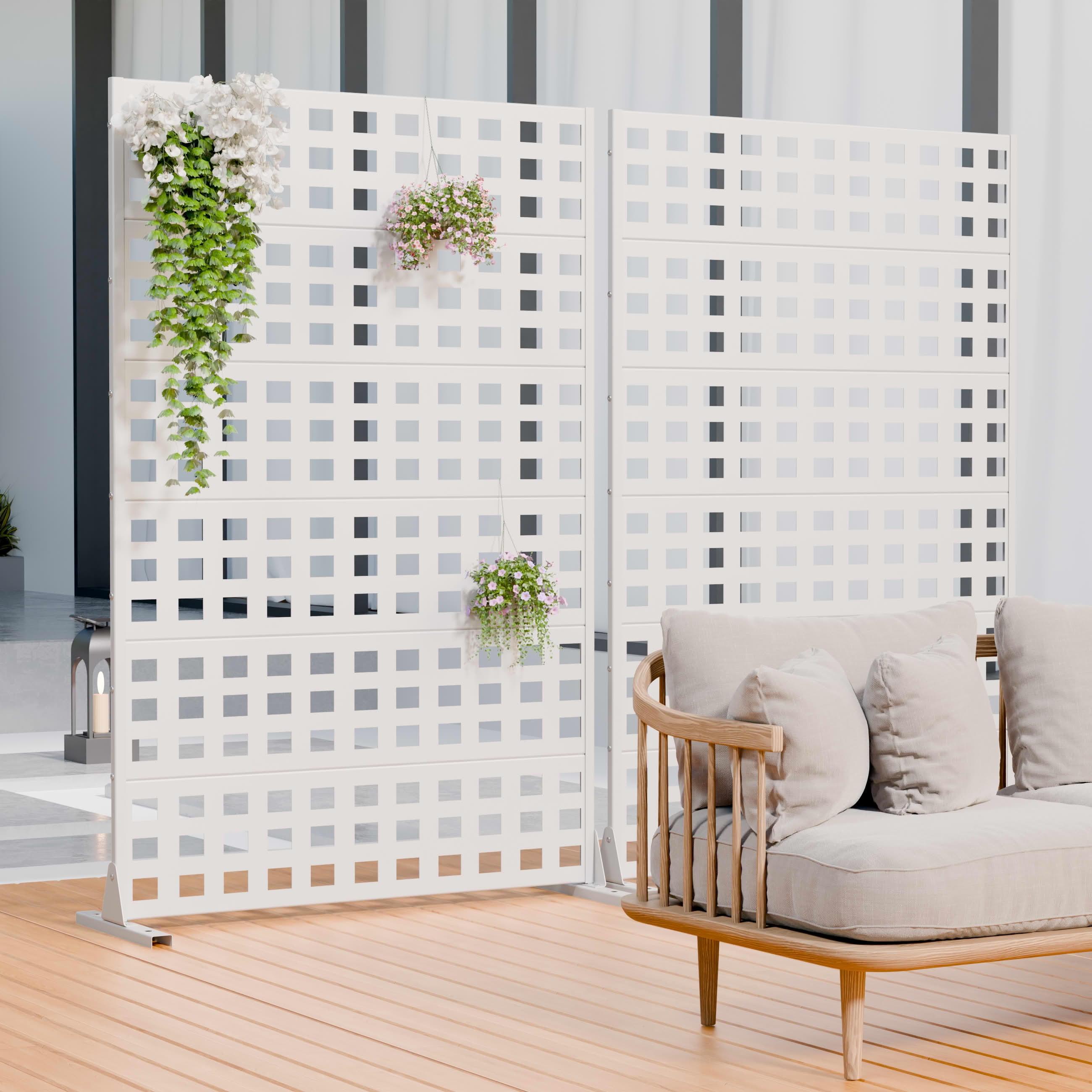 MAYEERTY 2-Piece Outdoor Metal Privacy Screen 6ft × 4ft White, 6-Panel Lattice Pattern, Rust-Resistant for Garden