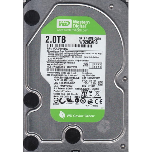 WD20EARS-00MVWB0, DCM HBRNHTJMBB, Western Digital 2TB SATA 3.5 Hard Drive