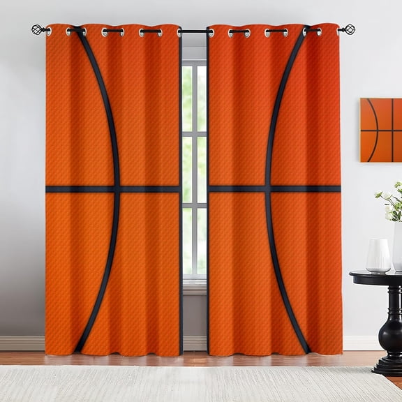 Basketball Window Curtains, Sports Theme Blackout Curtains, Orange And Black Texture Darkening Drapes, Noise Reducing Washable Grommet Curtains For Children's Room Classroom 42"W x 63"L (Pack of 2)