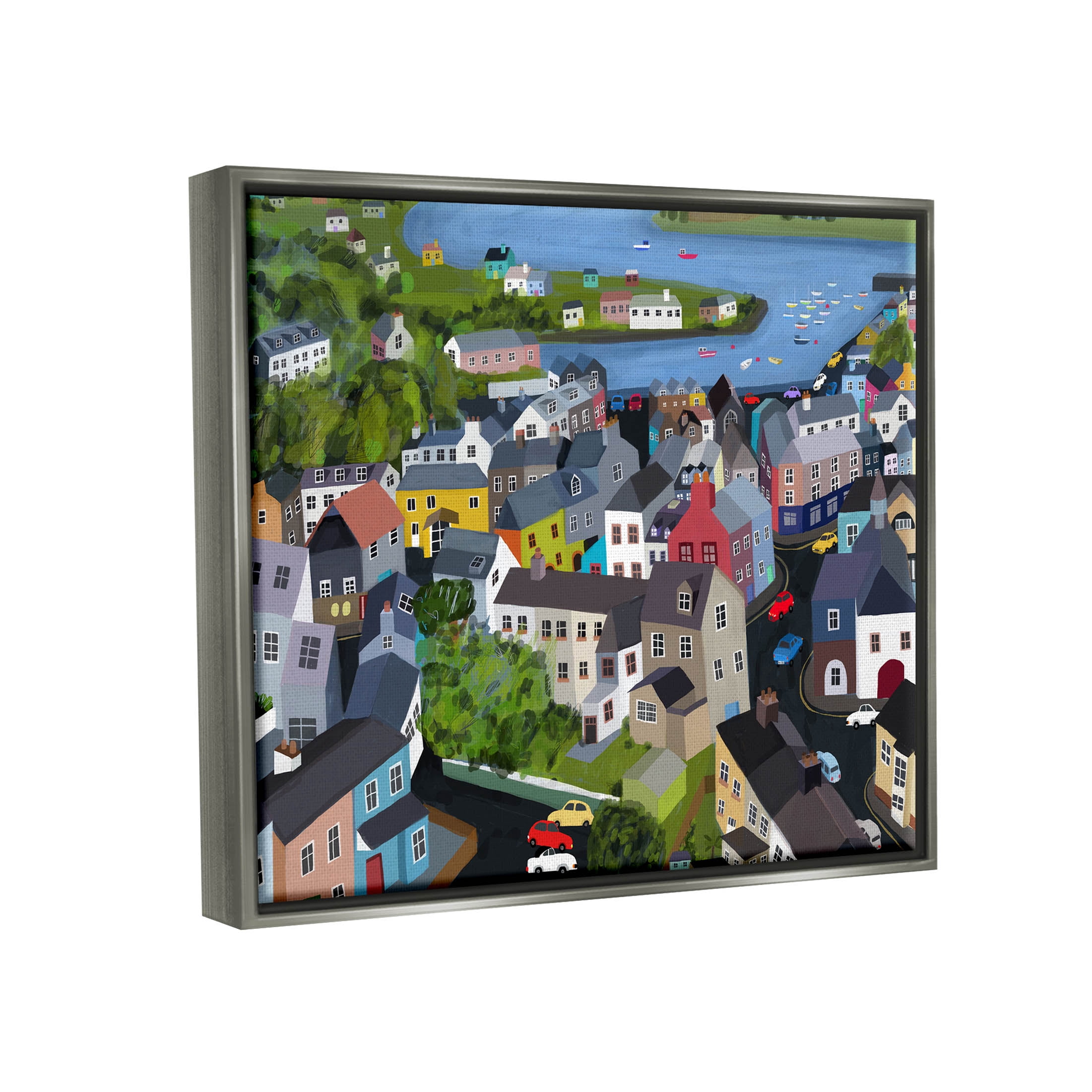 Stupell Industries Neighborhood Houses River Architecture Graphic Art Luster Gray Floating Framed Canvas Print Wall Art, Design by Carla Daly