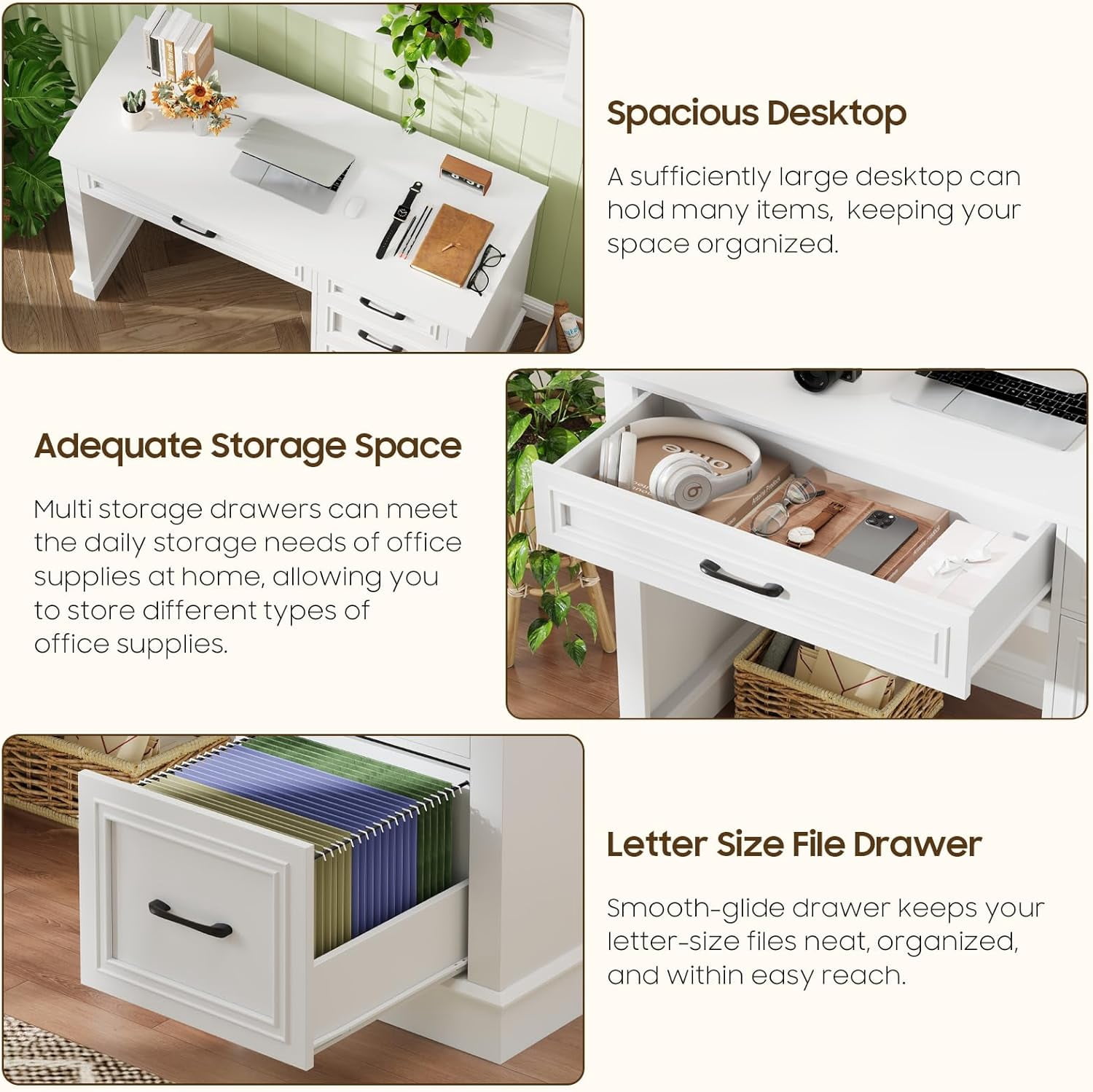 Farmhouse 47" Executive Desk with File Drawer, Computer Desk with 4 Drawers, Workstation for Study, Home Office, Writing, Cream White.