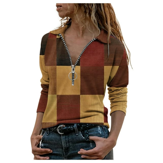 Pompotops Women Print Long Sleeve Zipper Turn-down Collar Blouse Pullover Tops Shirt