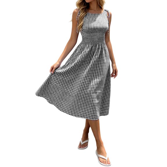 XIAOCHA Women's Tie Shoulder Gingham Dress Round Neck Smocked Waist Summer Casual Midi Dress