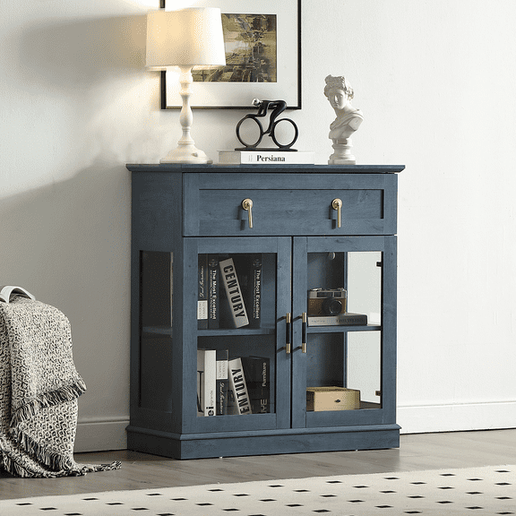 31.5 Small Modern Buffet Cabinet with Glass Doors, Sideboard Cabinet With Storage,Coffee Bar Cabinet With Adjustable Shelf and a Drawer, Blue