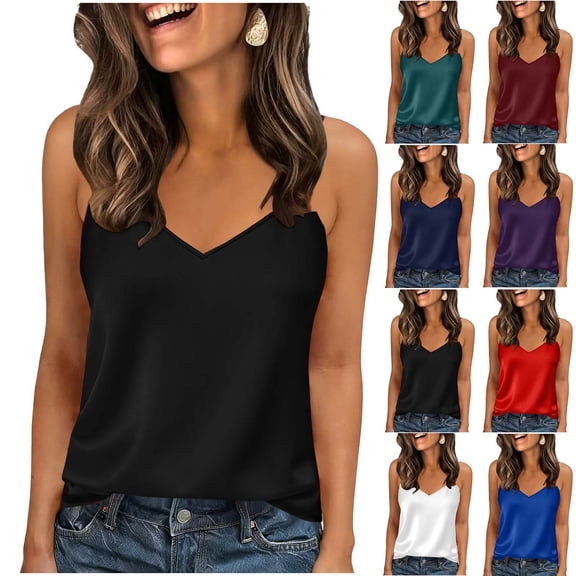 cocolona Womens Silk Satin Camisole Summer Casual Solid Color Sleeveless V Neck Tank Tops