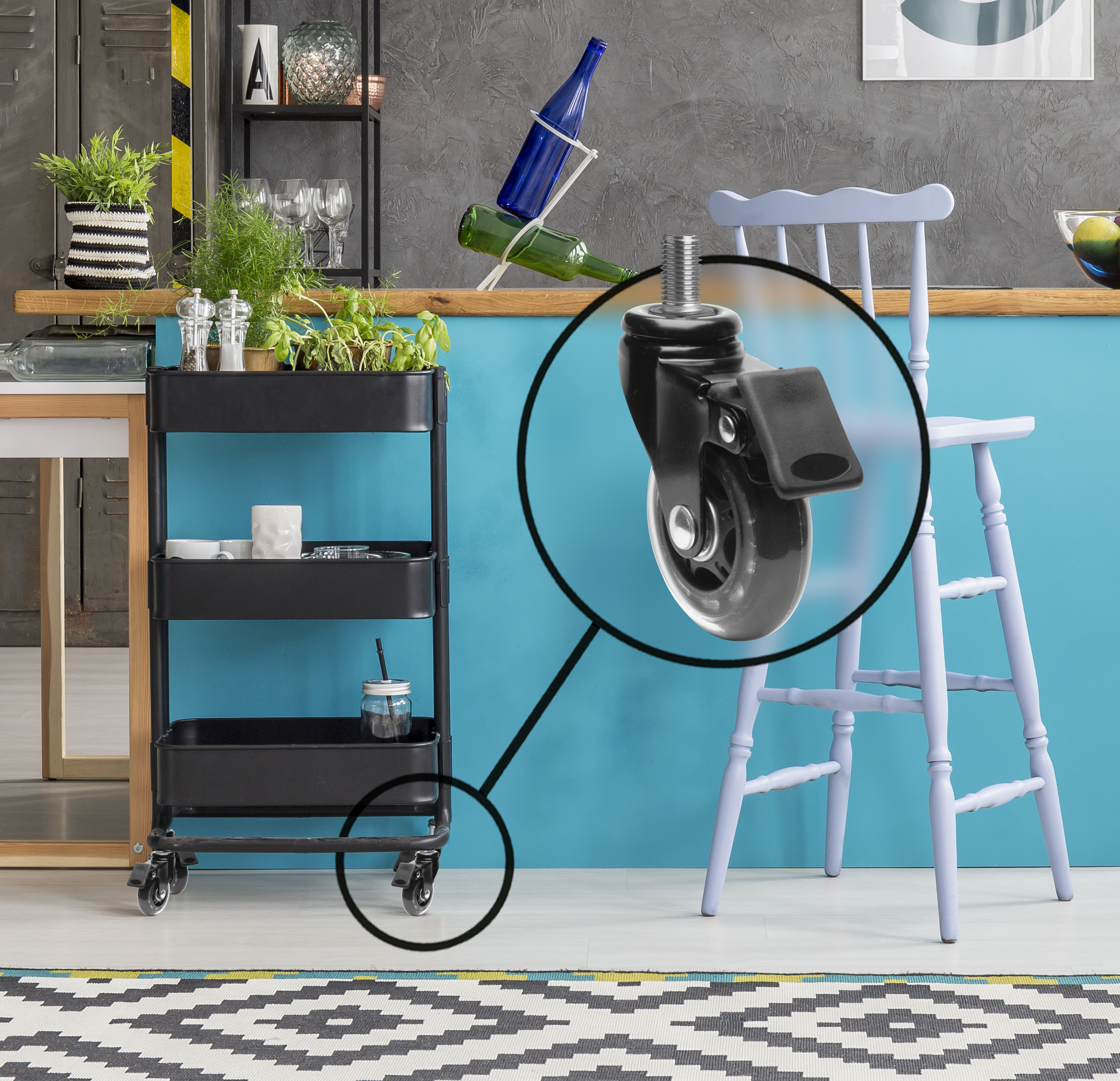 Slipstick CB693 Premium 3 Inch Rubber Caster Wheels with Brake (4 Pack) Replacement Rollerblade Style Swivel Casters with 3/8”– 16x1” Threaded Stem, Includes Mounting Hardware, Black / Clear Castor