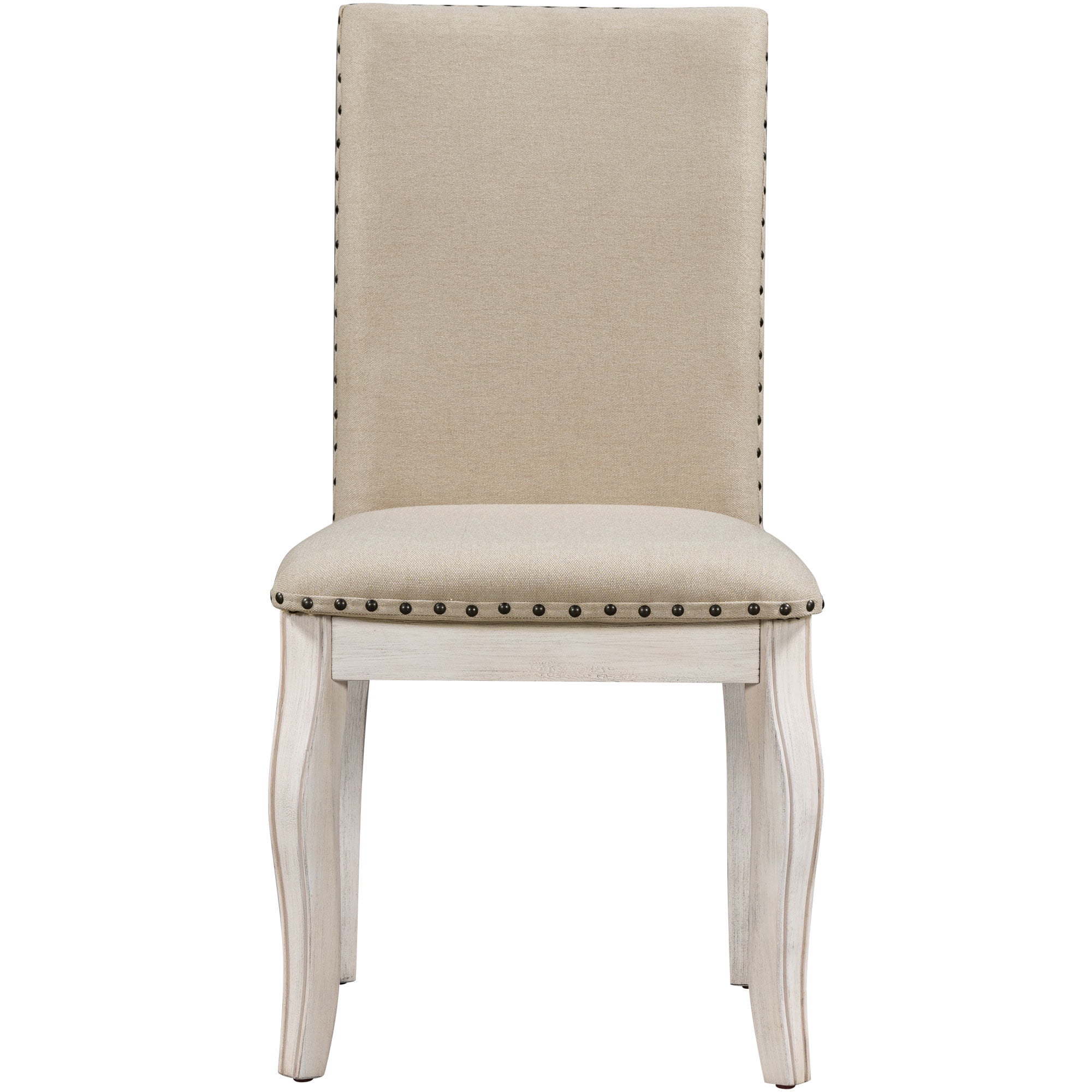 PORKISS Set of 2 Dining Chairs, High Back Upholstered Kitchen Chairs with Solid Wood Frame, Curved Legs and Bronze Nailhead Trim, White