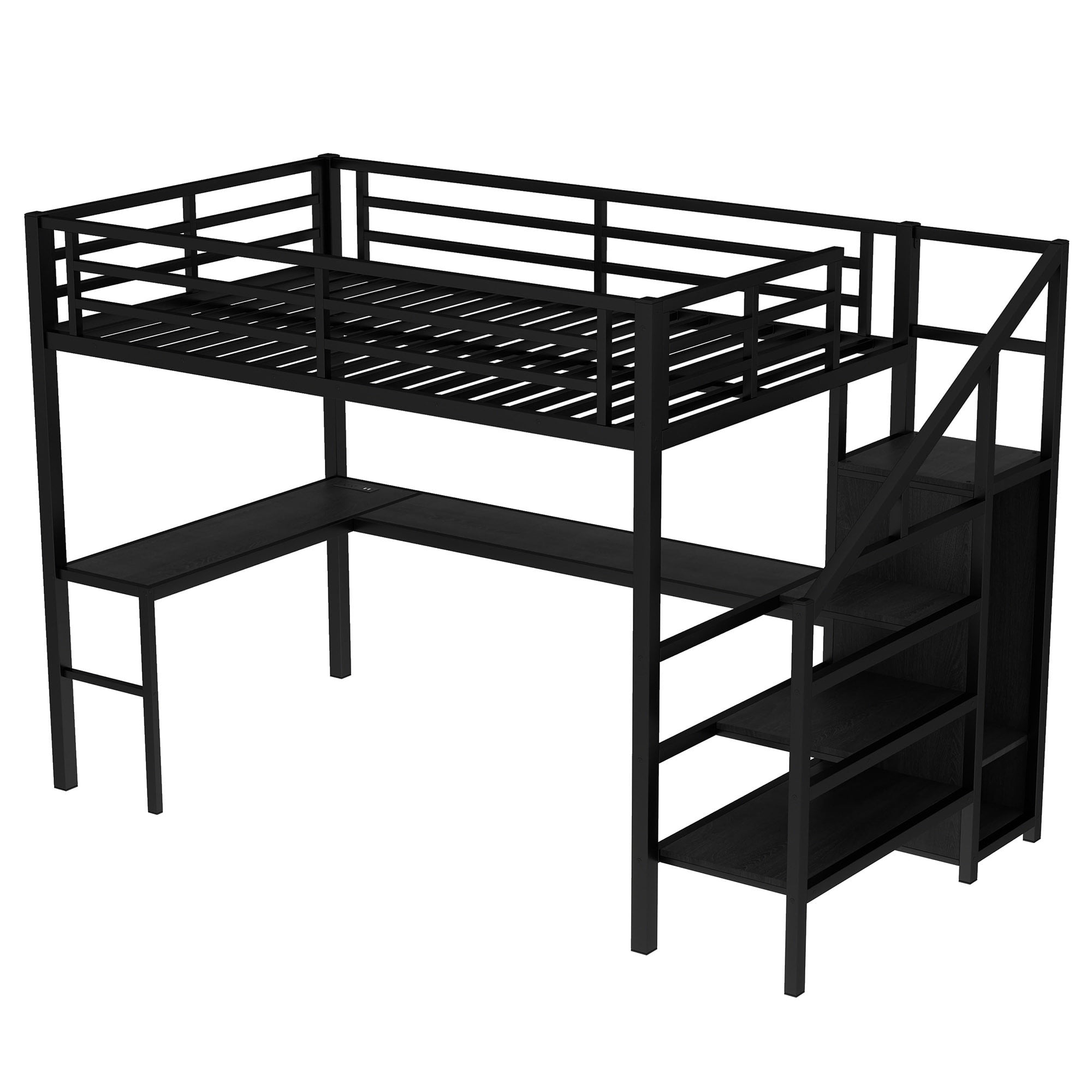 Full Size Loft Bed with L-shaped Desk and USB,Heavy Duty Metal Loft Bed with Wardrobe and Adjustable Shelf,High Loft Bed with LED for Kids Teens Adults, Black