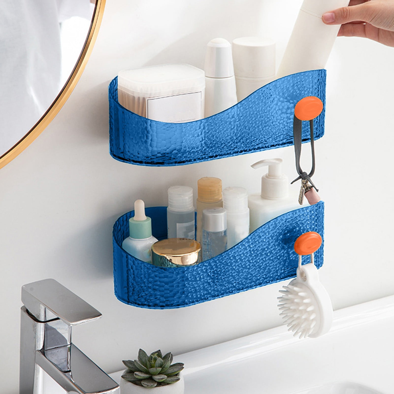 Blue Transparent Bathroom Storage Rack, Wall Mounted Cosmetic Organizer With Hooks And Drain Holes, Plastic Material For Toilet, Washbasin, And Shower, 10.4X5X8In 0.93Lb
