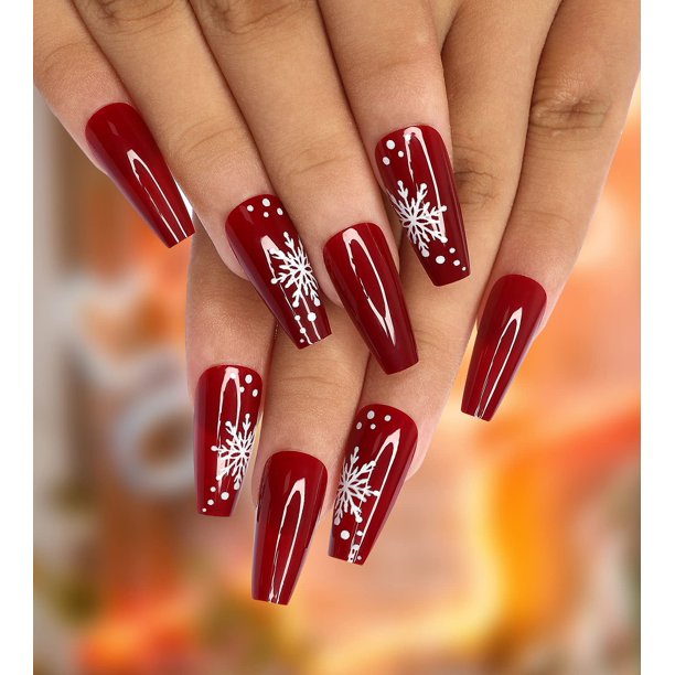 Christmas nails decided to do a simple red and white! 24pcs Christmas Press on Nails Red Glossy Medium Long Coffin Fake Nail
