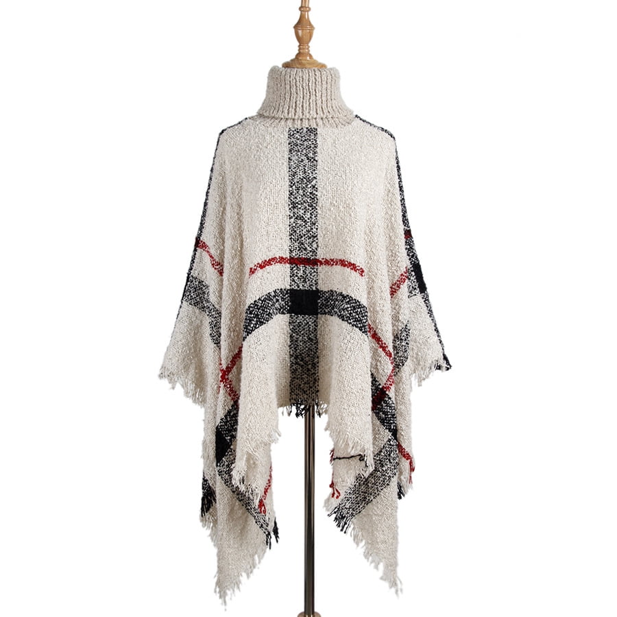 Women's Elegant Knitted Shawl Poncho with Fringed V-Neck Striped Sweater  Pullover Cape Gifts for Women Mom White - Walmart.com