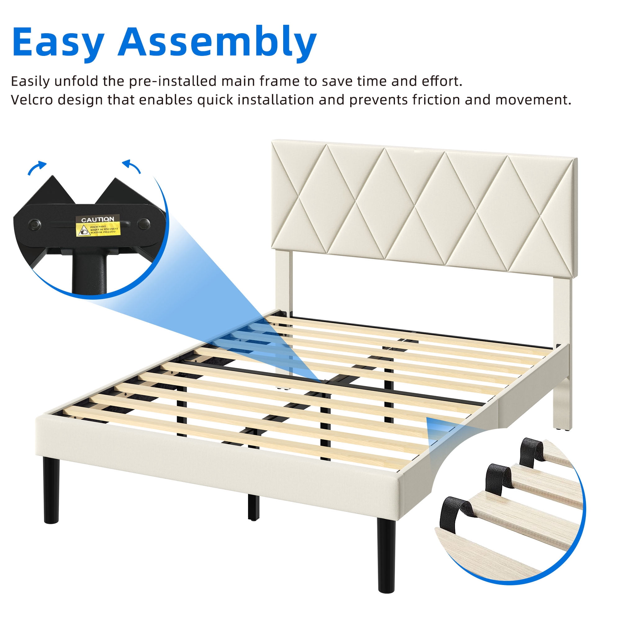DEXTRUS Queen Upholstered Bed Frame with Adjustable Headboard, Beige