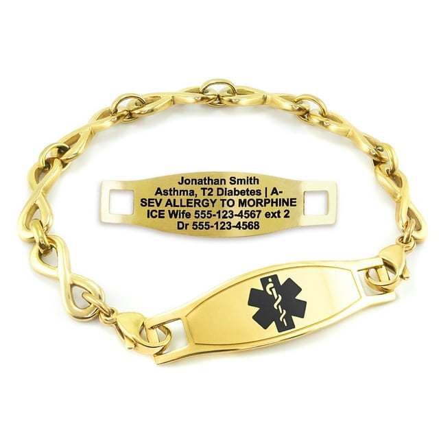 MedicEngraved Bracelet d'Alerte Médicale Personnalisé en Acier Inoxydable Or Jaune - Maillon Infini 6 mm