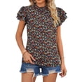 thumbnail image 4 of Nlife Women Floral Print Mock Neck Ruffle Short Sleeve Back Keyhole Chiffon Blouse, 4 of 7