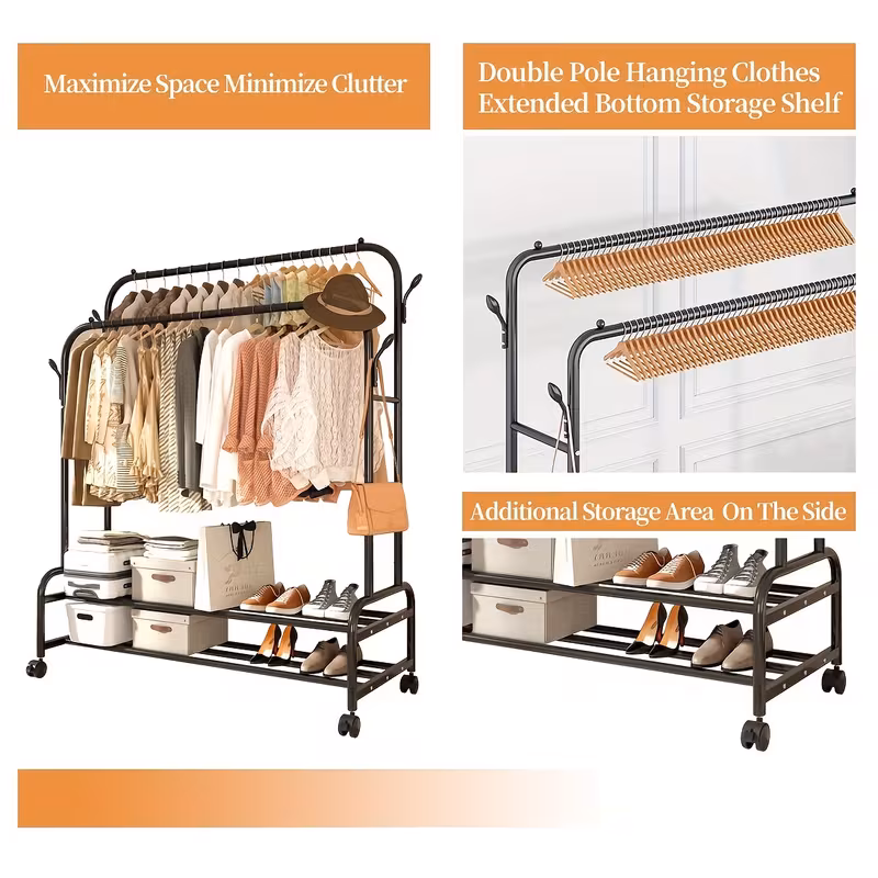 Black Heavy Duty Metal Double Rod Clothes Rack with Wheels, Shelves & Hooks, Rolling Garment Rack for Bedroom Closet