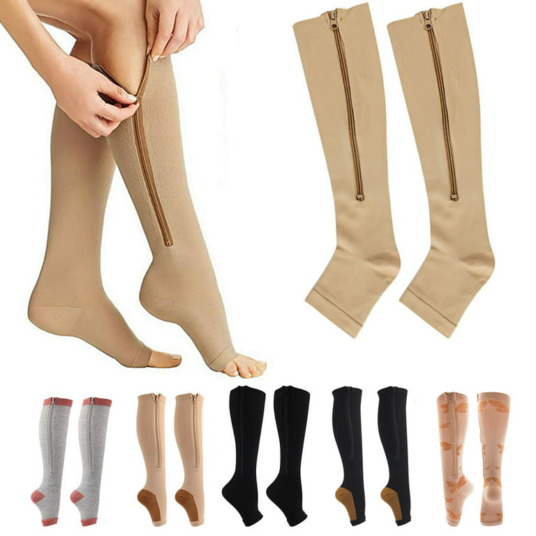 D-GROEE Women Zipper Compression Socks - Calf Knee High Stocking - Open Toe Compression  Socks for Walking，Runnng，Hiking and Sports Use 