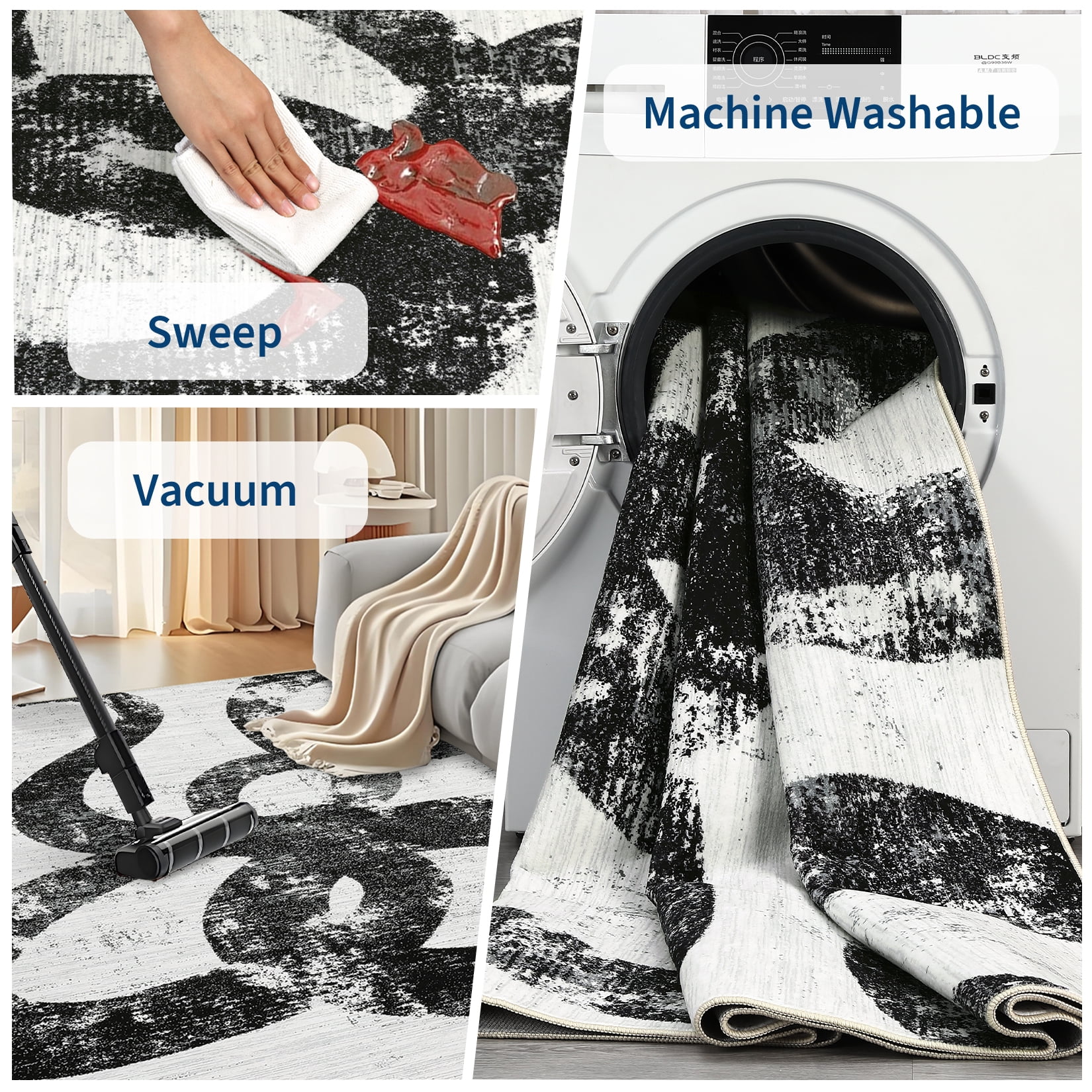 Hasoo 8' x 10' Modern Washable Indoor Rug for Dining Room Soft Abstract Geometric Line Area Rug Non Slip Stain Resistant Black White Carpet