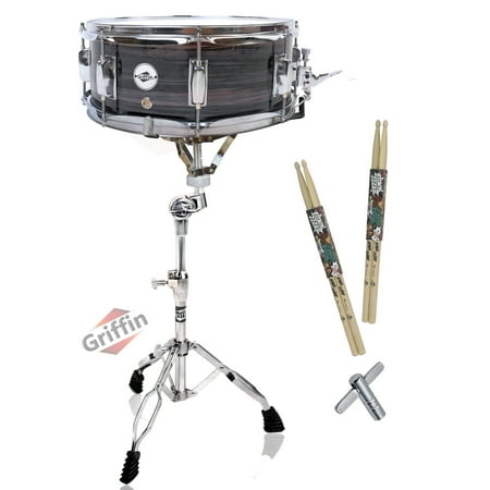 Snare Drum Kit by Griffin Includes Snare Stand, 2 Pairs of Maple Drum Sticks & Drum Key 14" x 5.5" Poplar Shell Percussion Musical Instrument Practice Package for Students & Professionals