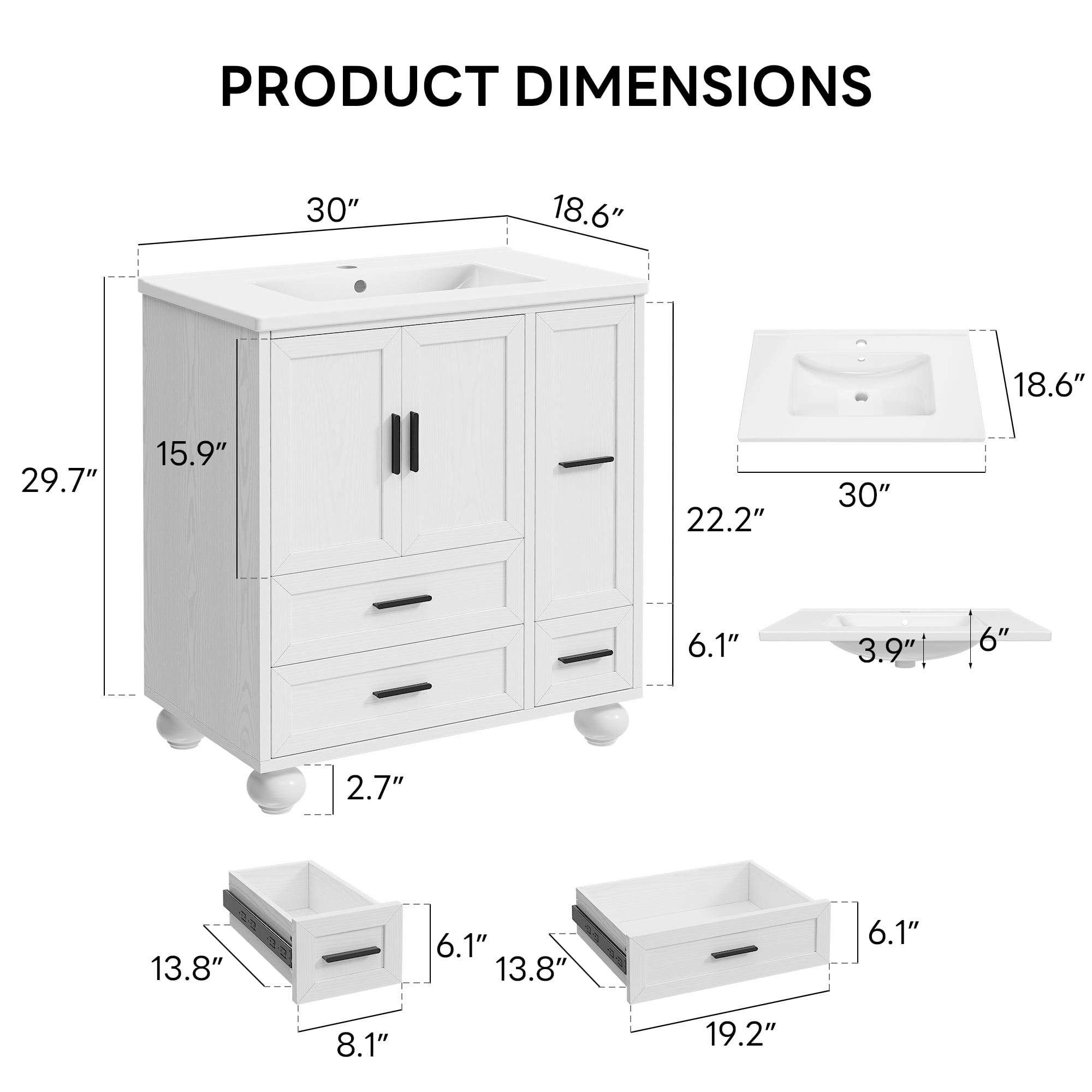 LIKIMIO 30" Bathroom Vanity with Ceramic Sink Combo, White Bathroom Storage Cabinet with Hair Tool Pull-out Drawer, 4 Solid Legs, 4 Drawers, Freestanding Wooden Modern Bathroom Cabinet