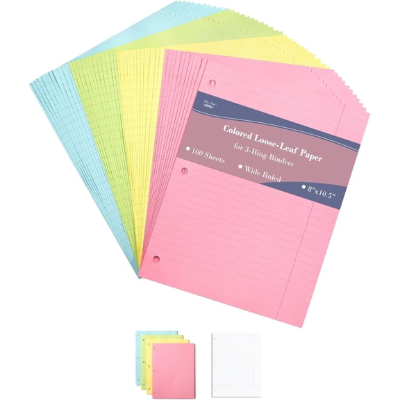 Colored Loose Leaf Paper Wide Ruled, 100 Sheets, 8” x 10.5” | 3- Hole Punched, Notebook Paper