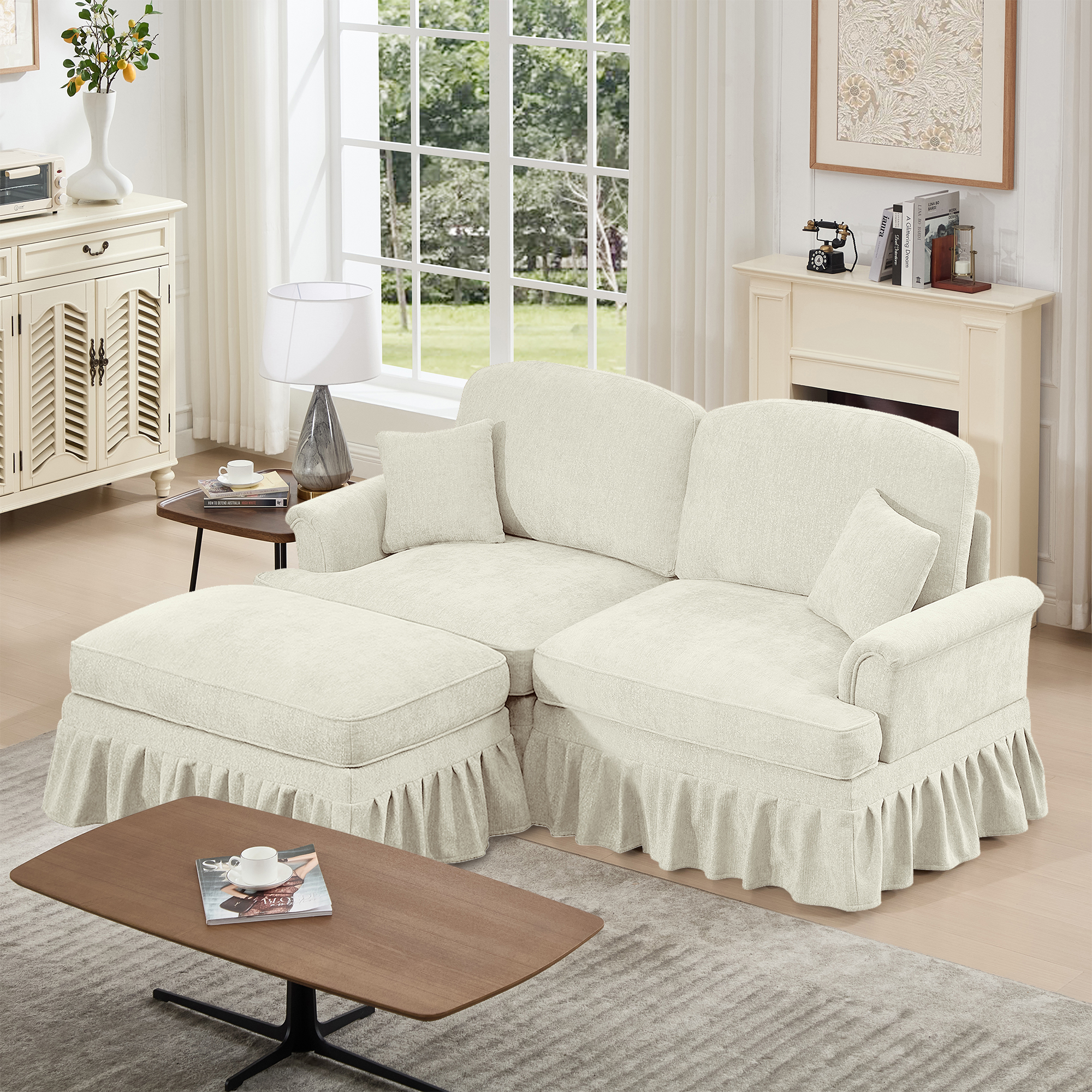 Newest Elegant Large Two Seater Modular L Shaped Sofa Couch, Flared Arms, Removable Ruffles Pleats Skirts, Spindle Legs,Comfy Chenille Loveseat Sofa, Movable Ottoman,Beige White
