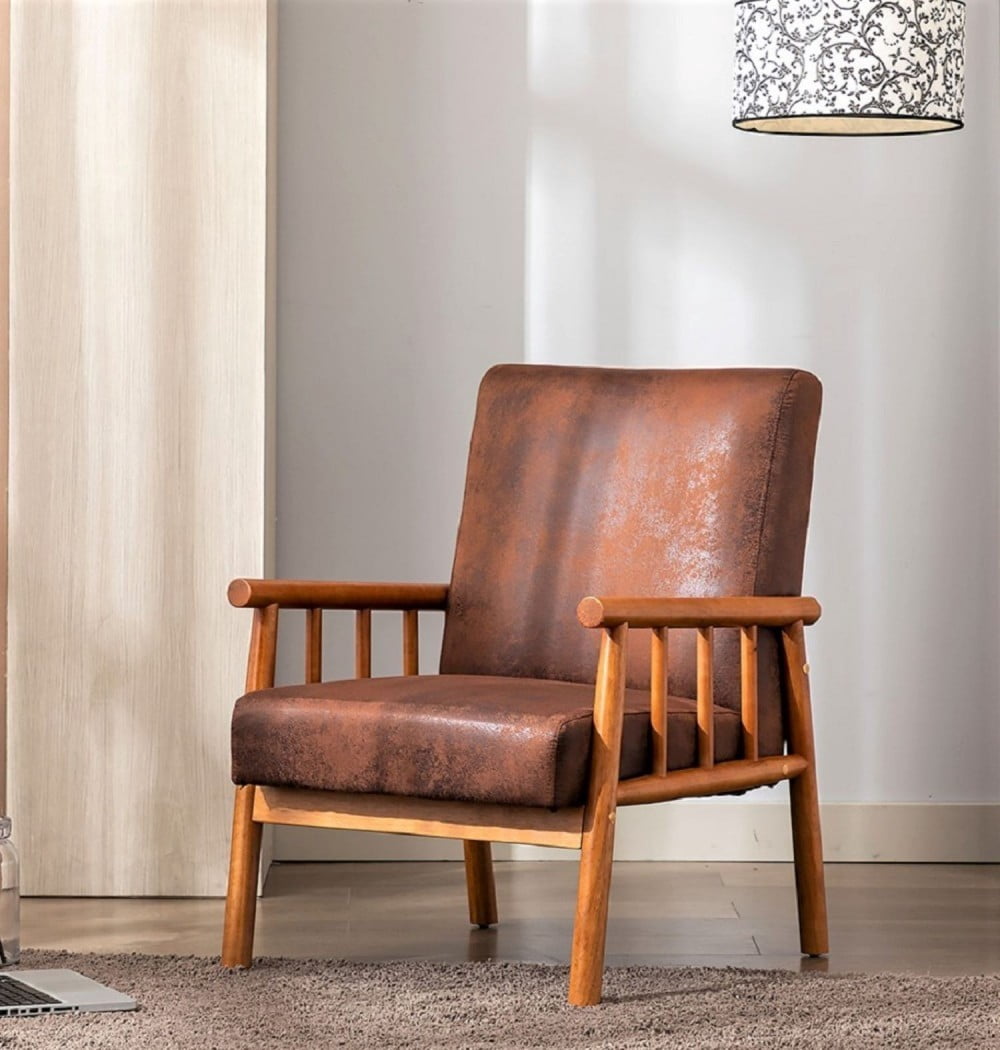 Mid Century Modern Accent Chair, 25" Wide Upholstered Armchair with Solid Wood Frame, Padded Seat & Arms, Dark Brown Lounge Chair for Living Room & Bedroom, Brown