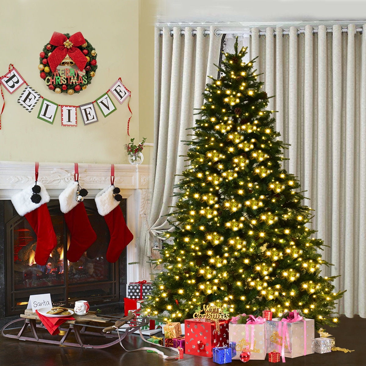 Costway 7ft Ft Pre Lit Artificial Christmas Tree Hinged W Led Lights Pine Cones Walmart Com Costway 7ft Ft Pre Lit Artificial Christmas Tree Hinged W Led Lights Pine Cones Walmart Com