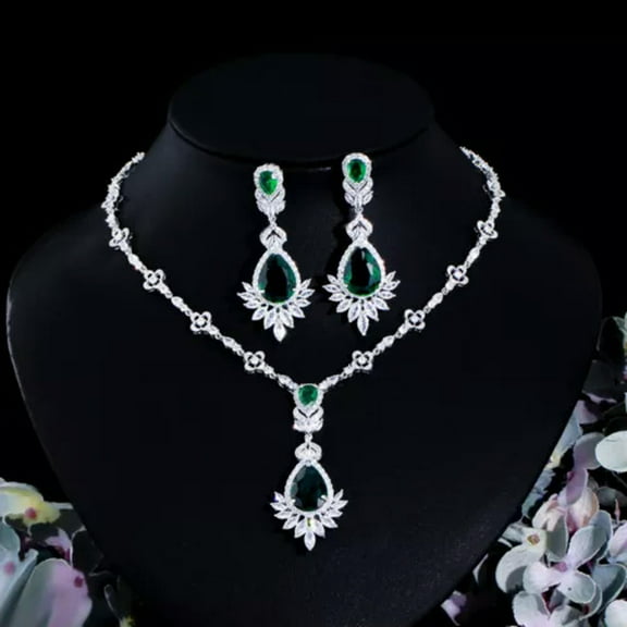 Silver Plated Big CZ Blue Crystal Bridal Wedding Necklace Earrings Jewelry Sets