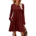 thumbnail image 4 of Women Rib-Knit Sweater Dress for Spring & Autumn - Round Neck, A-Line Midi Umbrella Skirt, Regular Sleeves, Burgundy, S-3XL, 4 of 7