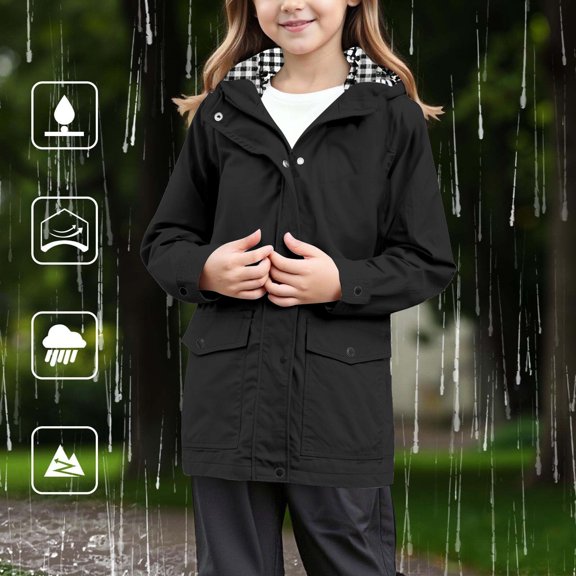 Jackets for Girls Long Style Pocket Solid Print Buttons Zipper Hooded Long Sleeve Jacket for Winter Wear Black 5 Years-6 Years