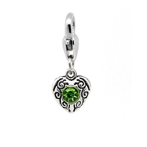 Heart Antique Silver Green Rhinestone Clip On Charms. Fits Thomas Sabo 26x10mm,