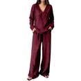 thumbnail image 2 of Guieoi Matching Outfits for Women Solid-Color Cotton-Linen Wide-leg Pants Set V-neck Button-down Long-sleeve Loose-fit Top + High-waisted Pants Two-Piece Set Red M, 2 of 9