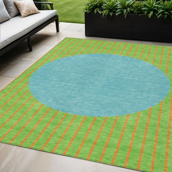 5' X 8' Lime Green And Blue Striped Washable Indoor Outdoor Area Rug