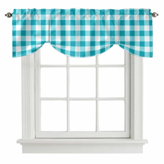 Tie Up Valances for Windows, Turquoise Checkered Adjustable Valance Curtains Window Treatment for Living Room/Bedroom Windows, Farmhouse Buffalo Plaid Rod Pocket Kitchen Curtains & Drapes 42x12 Inch