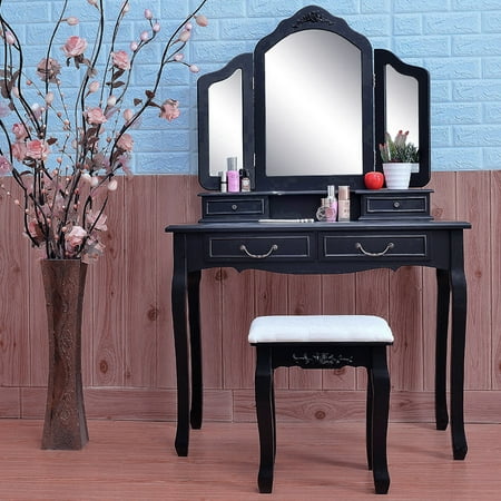 Vanity Dresser Set (Zimtown Tri Folding Mirror Wood Vanity Set Bedroom Vanities Makeup Table Dresser 4 Drawers with)