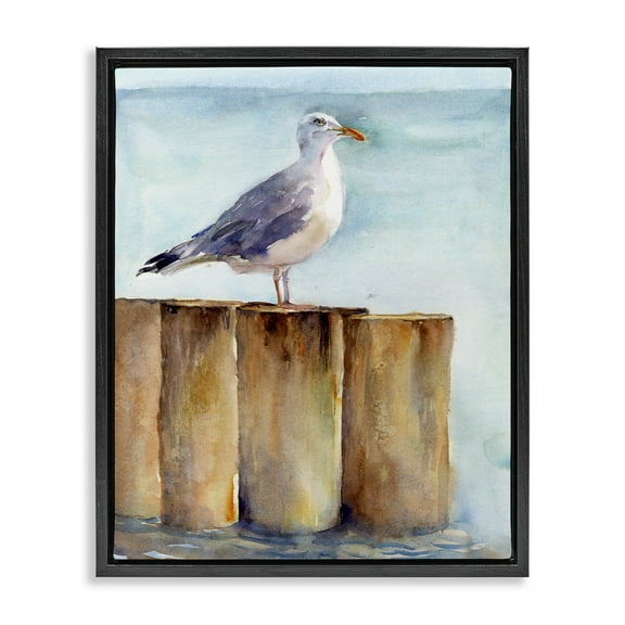 Stupell Industries Seagull's Perch by Sea Nautical & Beach Painting Black Floater Framed Canvas Art Print Wall Art, 17 x 21