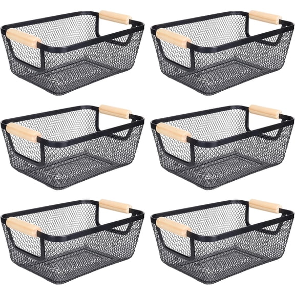 6Pack Black Wire Basket with Wooden Handle, Storage Bins for Pantry, Metal Mesh Basket for Kitchen Organization, Snack Organizer for Home Cabinet Closet Bathroom Fridge Fruit Makeup and Office