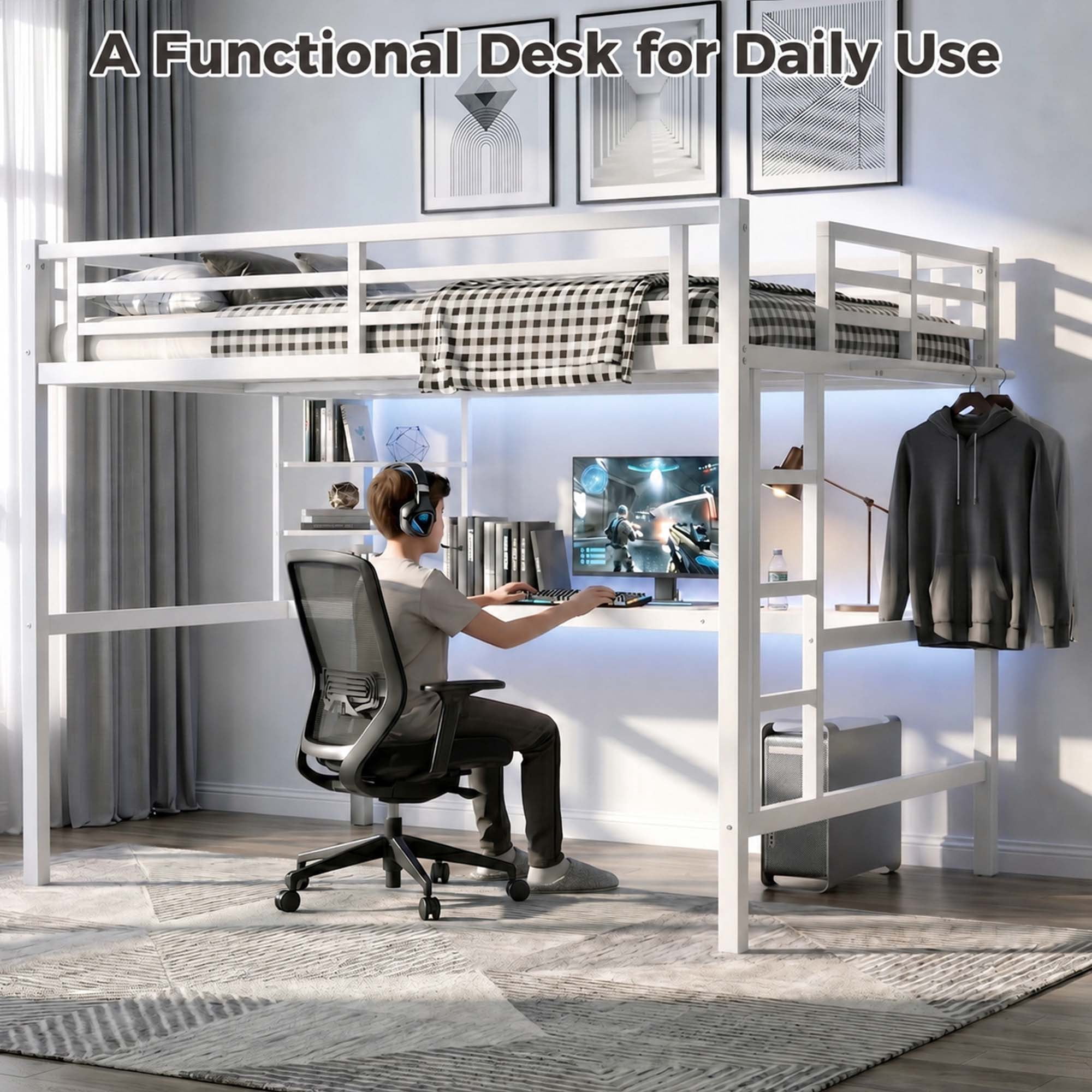 Miniyam Full Size Metal Loft Bed with Desk and Storage Shelf,Charging Station and LED Lights,White