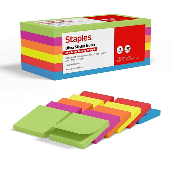 Staples Ultra Sticky Notes 3" x 3" Summer Breeze Collection 100 Sheets/Pad 12 Pads/Pack (ST62881)