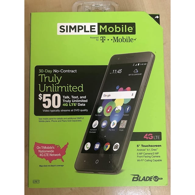 Simple Mobile ZTE Blade T2 Lite 4G LTE Prepaid Cell Phone Locked - Black - 16GB - Sim Card Included - GSM
