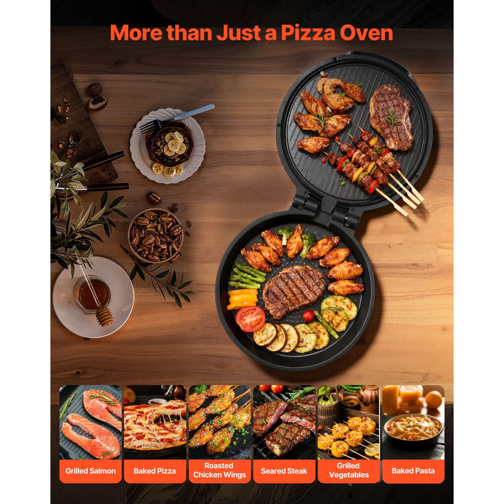 Electric Pizza Oven 12 Inch, 1200W, 410°F, Double Heating Tubes, Nonstick Stone, 180° Open Grill, for Pizza Baking Indoor Outdoor