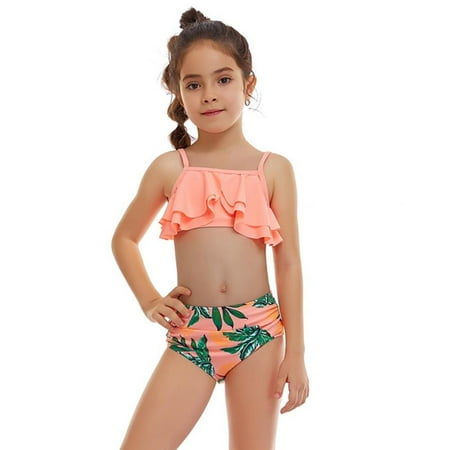 

Kids Girls Ruffled Swimsuits Two-Pieces Bathing Suits Cami Crop Top Striped Bikini Bottoms Quick Dry Swimwear Sunsuit 2-12T