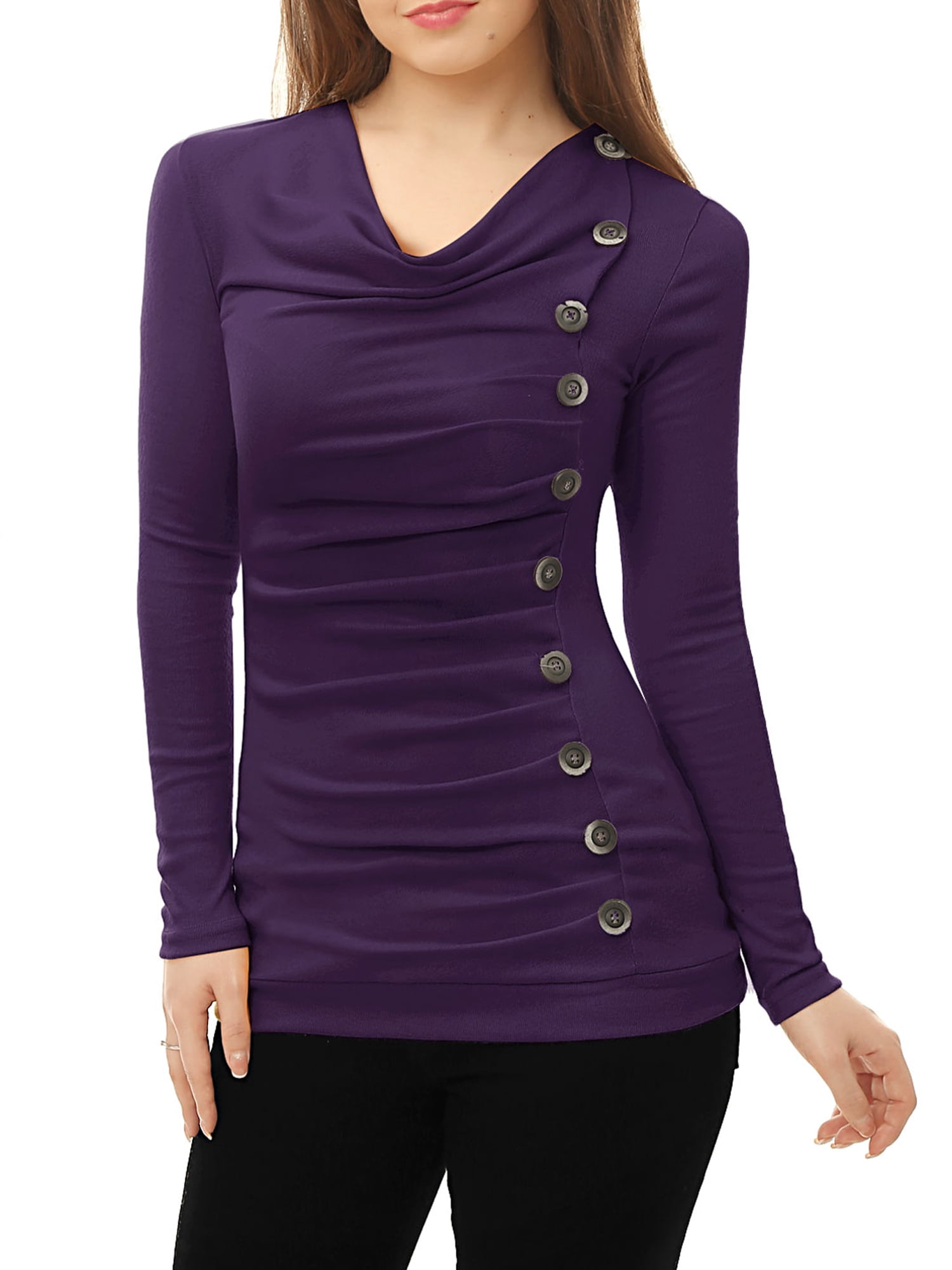 DARING DIVA Women's Cowl Neck Side Ruched Tunic Top S Purple