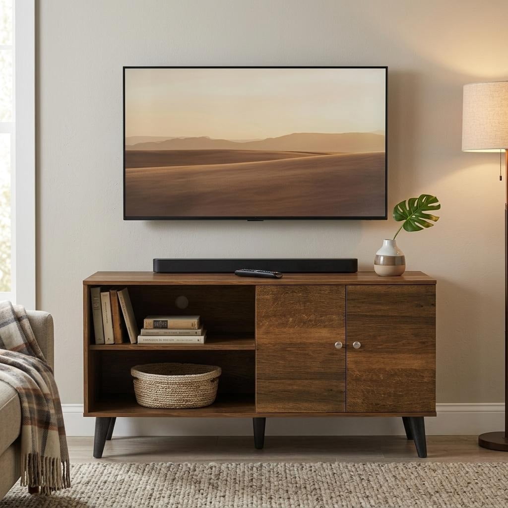 Mintazer 47.3" Mid-Century Modern TV Stand with Open Storage, Media Entertainment Centre with Cable Hole & 2 Door Cabinet, Brown