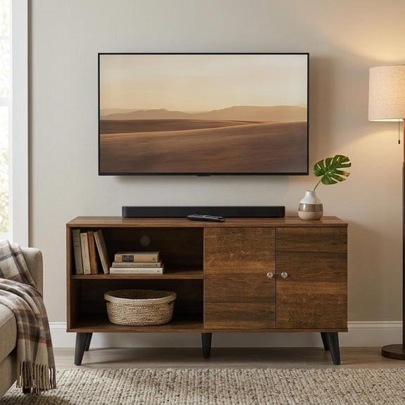 Merronix TV Stand for TVs up to 47.3", Modern Entertainment Center with 2 Storage Shelves & 1 Cabinet for Living Room, Bedroom, Brown