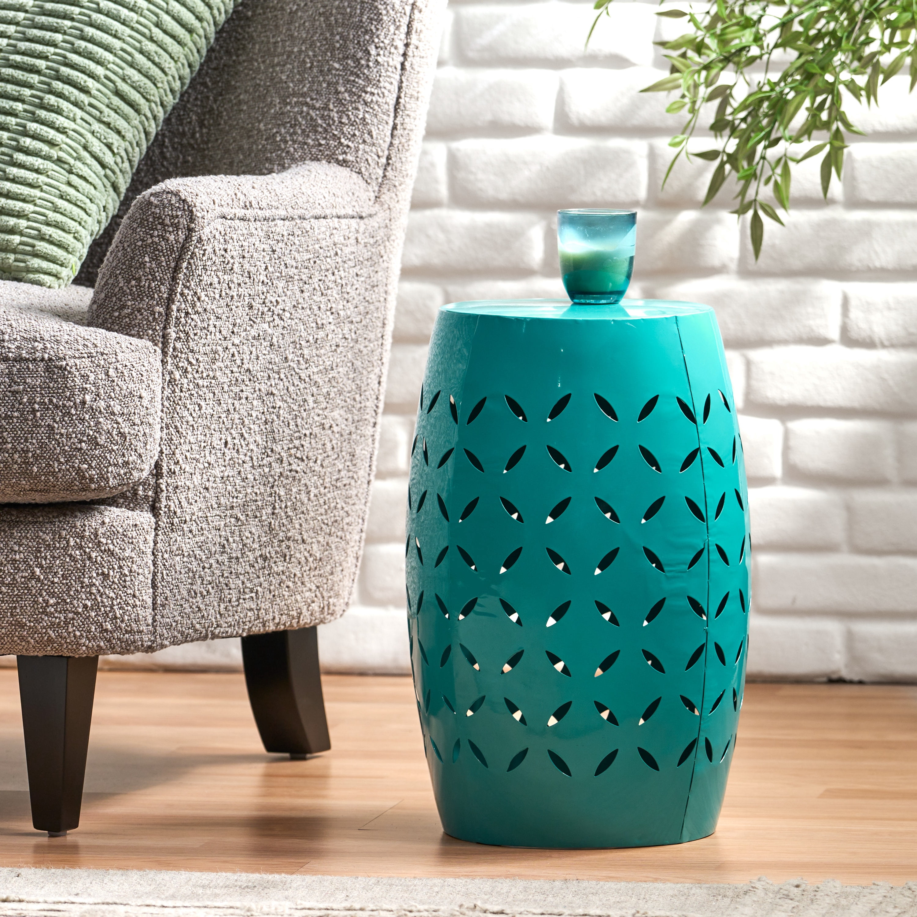 Euroco Lilac 12" Accent Side Table, Cylindrical Design End Table for Living Room, Family Room, or Entryway, Industrial Style,Coffee Side Tables for Indoor Outdoor, Teal Color