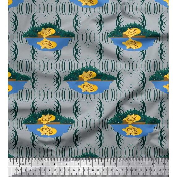 Soimoi Georgette Viscose Fabric Grass & Tiger Kids Printed Fabric 1 Yard 42 Inch Wide