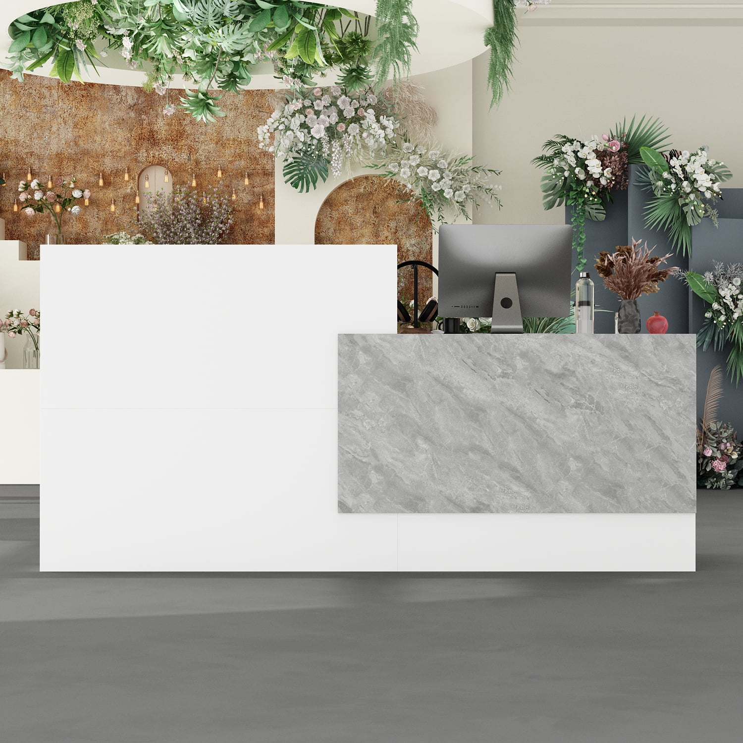 KULAGAGA Reception Desk with Counter, 86.6 inch Wide Front Desk Modern Reception Room Table, Checkout Counter Table, Salon Reception with Stone Pattern Decor