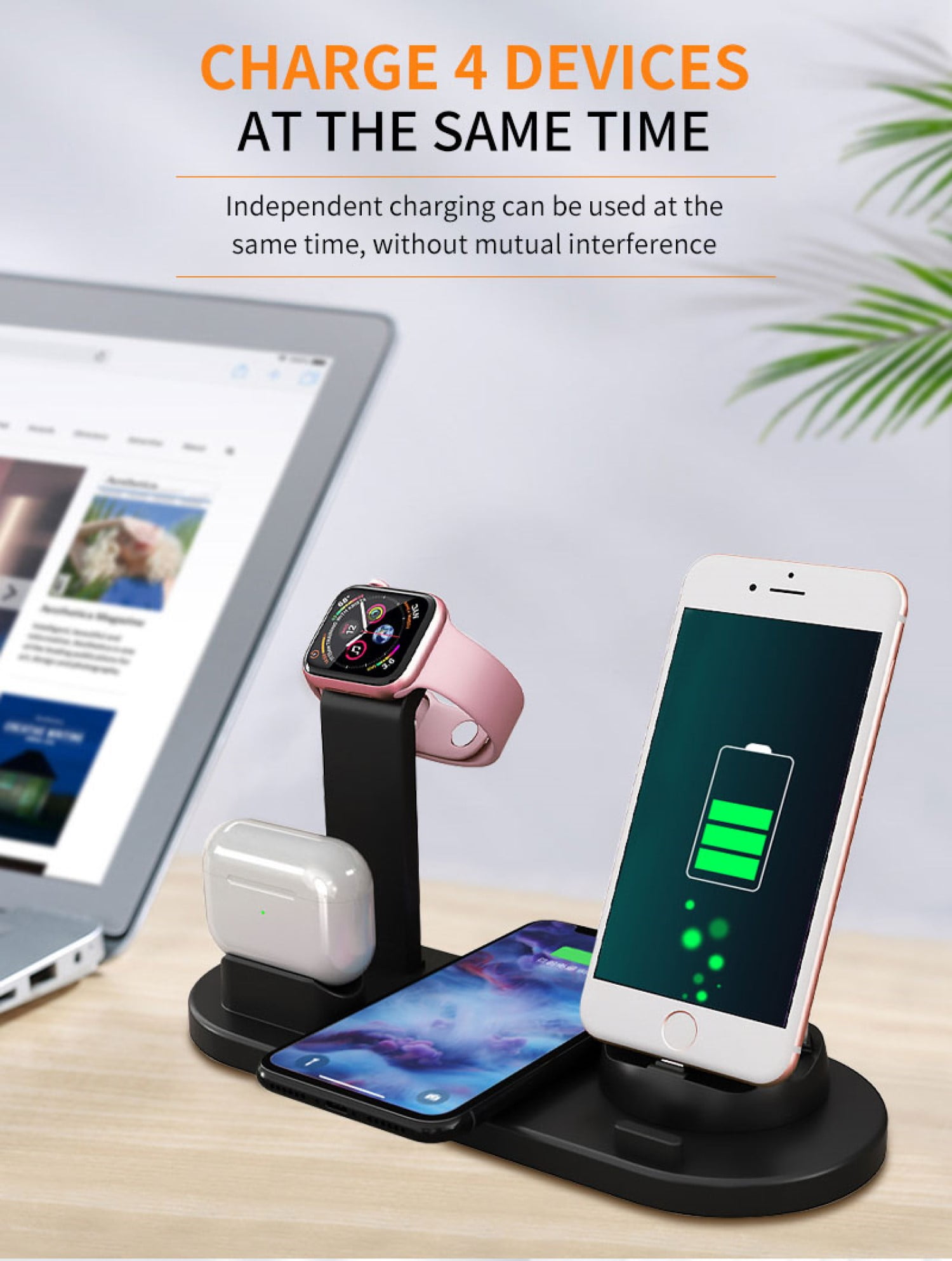 6 in 1 Wireless Charging Station - Multi-Function Charging Dock, Qi 15W Fast Wireless Charger, Compatible with iPhones, Apple Watch, AirPods & Multiple Devices