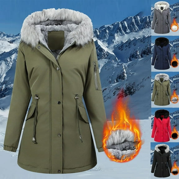 Gamivast Fleece Lined Jackets for Women Casual Long Faux Fur Hooded Zip up Winter Coats Oversized Button Down Long Sleeve Jacket with Multiple Pockets Drawstring Hem Outerwear